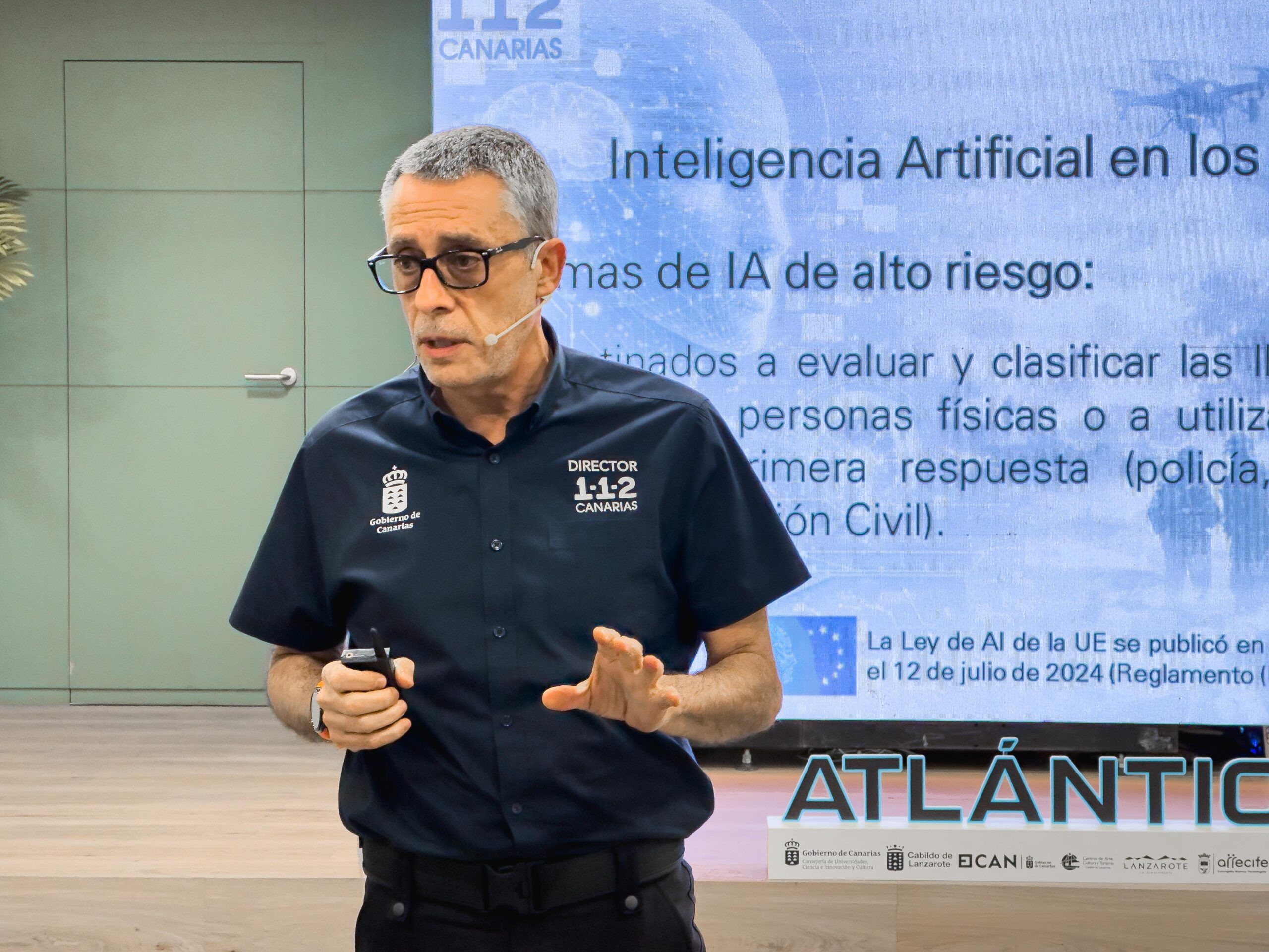 El director del Centro Coordinador de Emergencias y Seguridad (CECOES) 112 Canarias, Moisés Sánchez, en el I Congreso de Inteligencia Artificial de Lanzarote Atlantic-IA